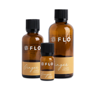 10ml, 50ml, and 100ml Ginger Essential Oil bottles.