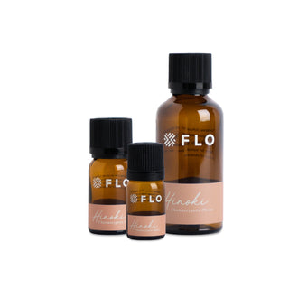 5ml, 10ml, and 50ml Hinoki Essential Oil bottles.