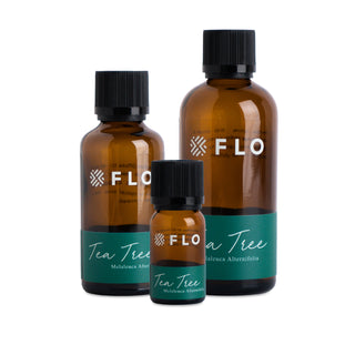 10ml, 50ml, and 100ml Tea Tree Essential Oil bottles.