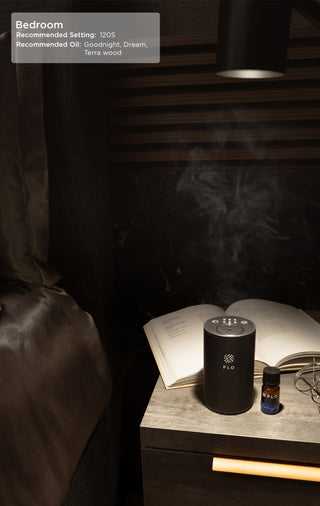 Recommended timer setting for the bedroom is 120 seconds. Recommended oils to use are Goodnight, Dream, and Terra Wood.