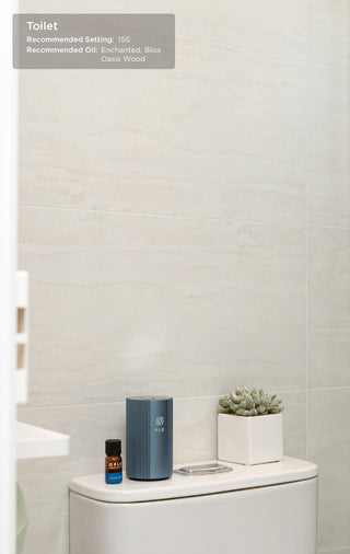 Recommended timer setting for the toilet is 15 seconds. Recommended oils to use are Enchanted, Bliss, and Oasis Wood.