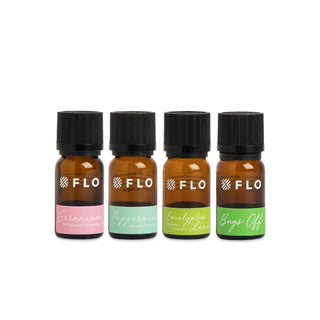 Geranium, Peppermint, Eucalyptus Lemon, and Bugs Off Essential Oils.