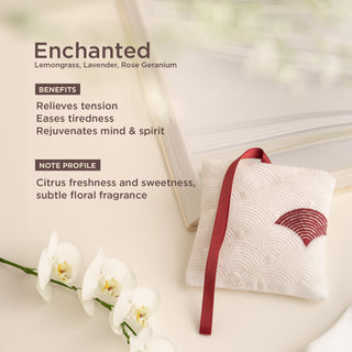 Enchanted relieves tension, eases tiredness, and rejuvenates the mind and spirit with its sweet citrus freshness and subtle floral fragrance.