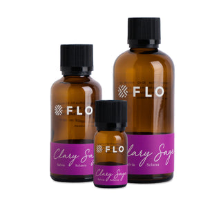 10ml, 50ml, and 100ml Clary Sage Essential Oil bottles.