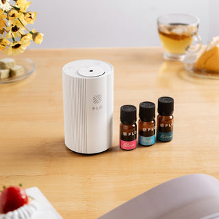 Velvet White FLO Diffuser Go with the Signature 3 Essential Oil Collection.