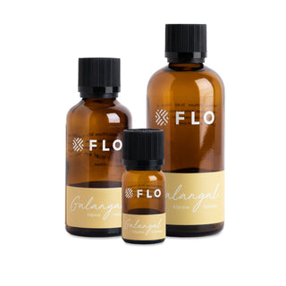 10ml, 50ml, and 100ml Galangal Essential Oil bottles.