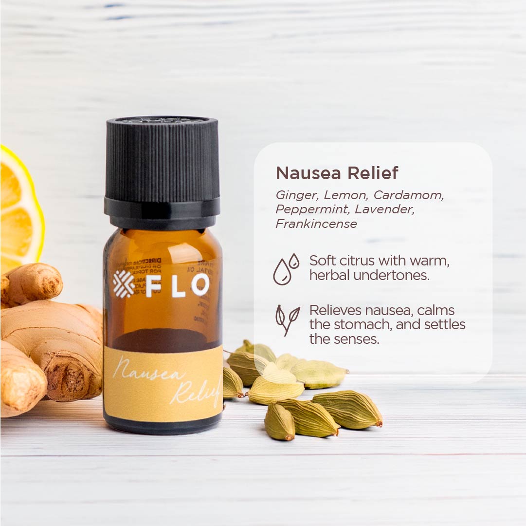 Nausea Relief essential oil bottle with ginger, cardamom and lemon