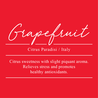 Grapefruit, Citrus paradisi. Sourced from Italy. Citrus sweetness with slight piquant aroma. Relieves stress and promotes healthy antioxidants.