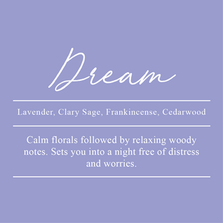 Dream Essential Oil Blend. A blend of Lavender, Clary Sage, Frankincense, and Cedarwood. Calm florals followed by relaxing woody notes. Sets you into a night free of distress and worries.