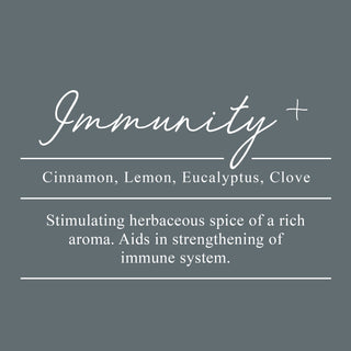Immunity+ Essential Oil Blend. A blend of Cinnamon, Lemon, Eucalyptus, and Clove. Stimulating herbaceous spice of a rich aroma. Aids in strengthening of the immune system.