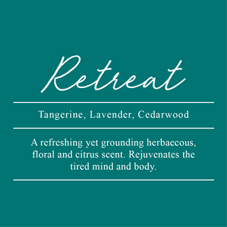 Retreat Essential Oil Blend. A blend of Tangerine, Lavender, and Cedarwood. A refreshing yet grounding herbaceous, floral and citrus scent. Rejuvenates the tired mind and body.